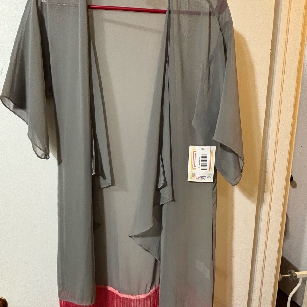 LuLaRoe Sheer Gray Kimono with Pink Trim